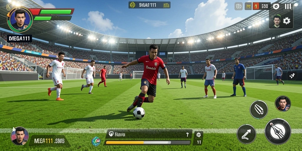Tampilan gameplay menarik dari MEGA111 yang penuh aksi sepak bola.