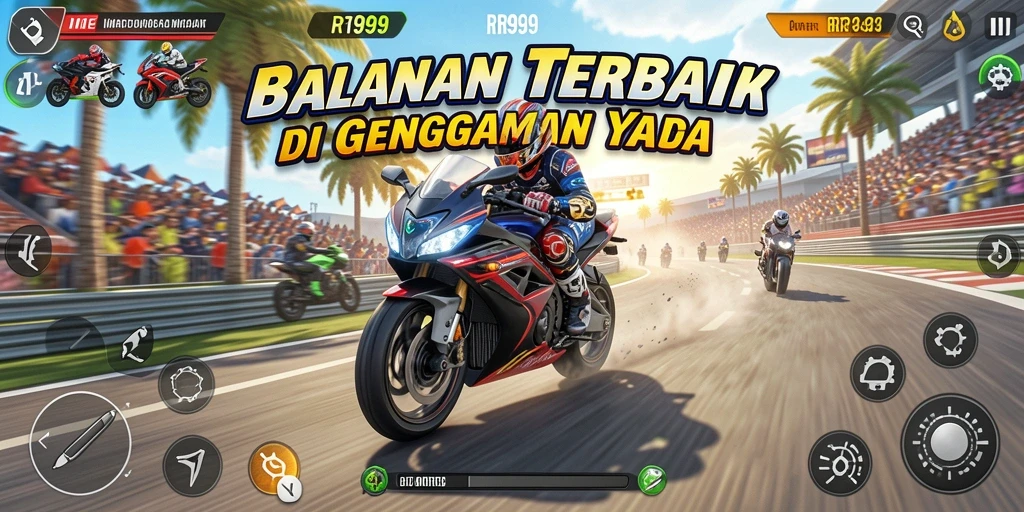Screenshot gameplay RR999 menampilkan aksi balapan motor yang mendebarkan.